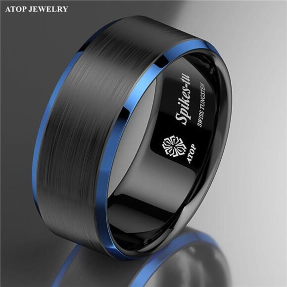 Men's Wedding Band - Black Brushed with Blue Edge - Rings for Men and Women - Picture 3 of 6